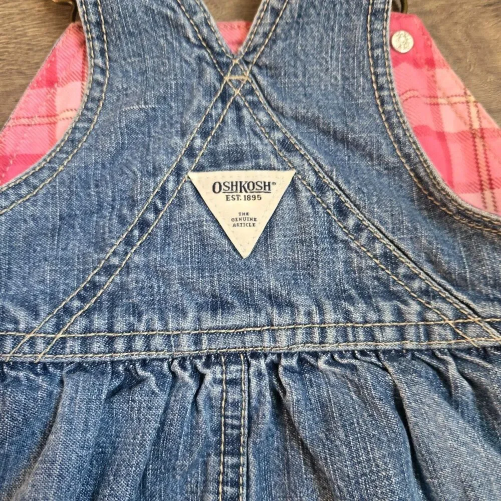 OshKosh B’gosh Vintage Girls 12M Blue Denim Overall Dress Heart Pink Plaid Y2K